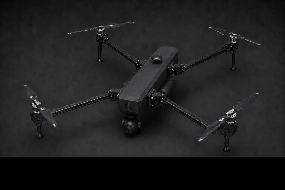 The Exodus-13 matte-black long-endurance ISR quadrotor