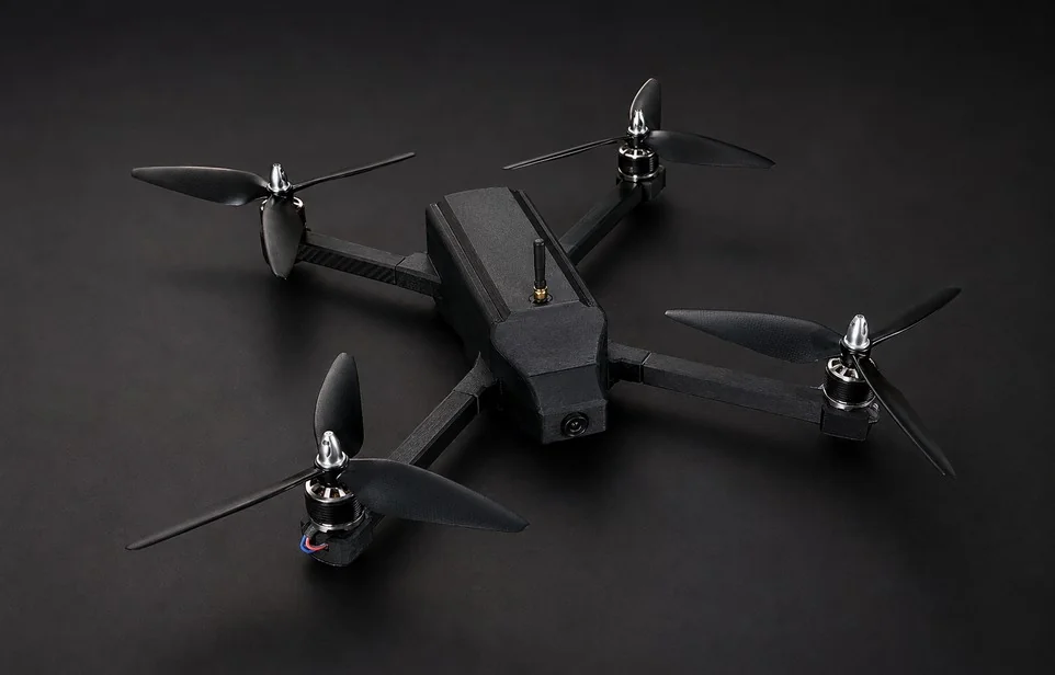 The Exodus-8 matte-black FPV tactical quadcopter